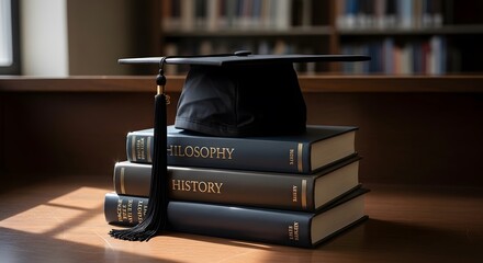 Academic graduation cap resting on stacked philosophy and history books in a library setting