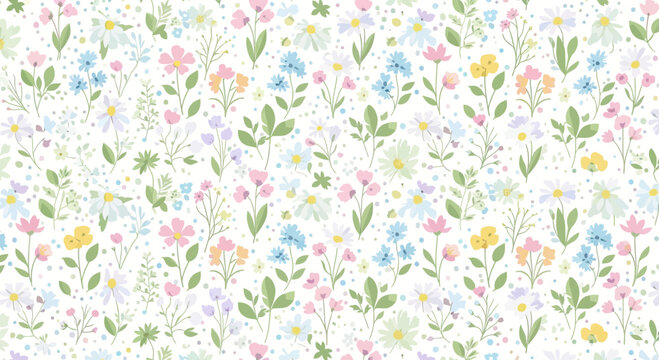 A whimsical watercolor-style pattern of diverse small flowers and leaves on a white background