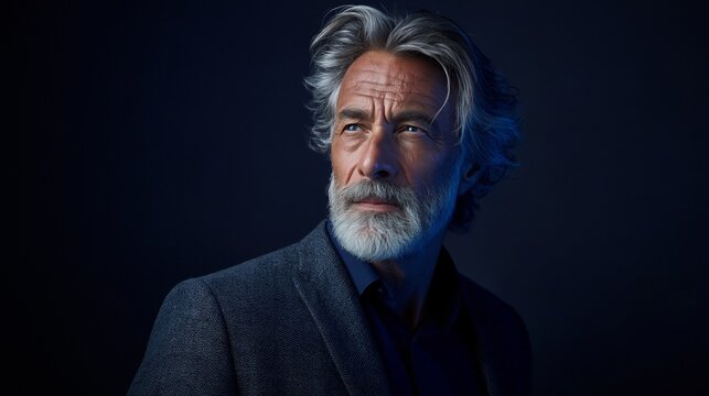 Selbstbewusster &auml;lterer Mann mit grauem Bart im dunklen Anzug vor unscharfem Hintergrund