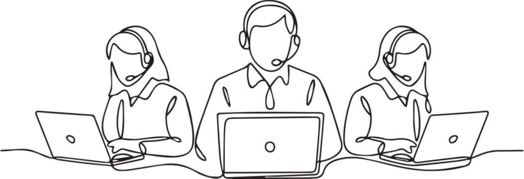 Continuous line drawing of customer service team with headsets and laptops
