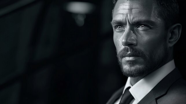 entschlossener gesch&auml;ftsmann in schwarz-wei&szlig;-portr&auml;t mit krawatte vor geometrischem hintergrund