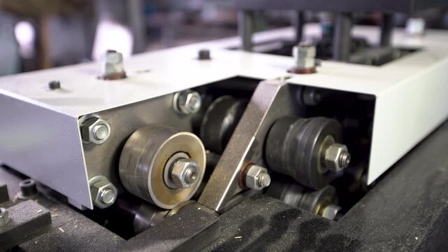 Close-up of equipment showing rollers and metal parts of an industrial machine in a factory setting