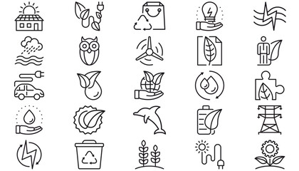 Eco Friendly Green Energy and Sustainability Vector Icon Set: 25 Minimalist Black Line Symbols for Renewable Power, Recycling, Environment Conservation, Solar, Wind, and Ecology Concept Bundle © Chandana Rani