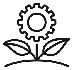 Eco-friendly green technology vector icon illustration featuring a gear cogwheel growing from a plant with leaves, representing sustainable industry, environmental engineering, and growth. © Chandana Rani
