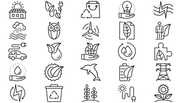 Eco Friendly Green Energy and Sustainability Vector Icon Set: 25 Minimalist Black Line Symbols for Renewable Power, Recycling, Environment Conservation, Solar, Wind, and Ecology Concept Bundle