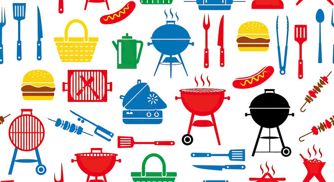 A colorful, repeating pattern of various barbecue items