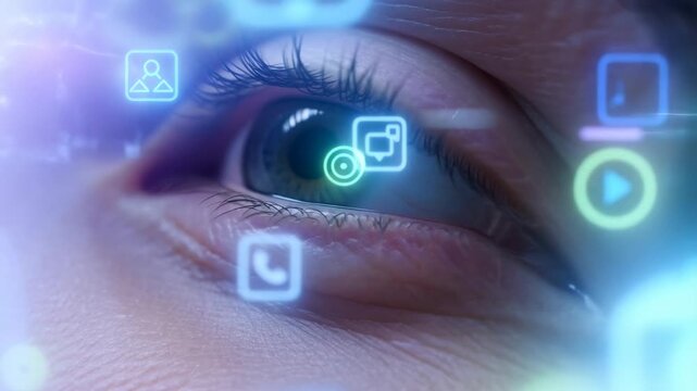 Close-up of a human eye with digital icons overlay, symbolizing technology and connectivity in the digital age. Represents the intersection of human perception and digital interaction