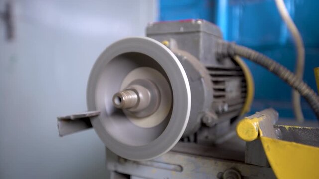 Working of a diamond grinding wheel on a machine at idle speed in the workshop