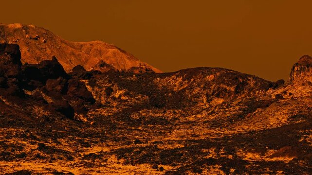 Martian landscape with rocky terrain and unique rock formations under an orange sky. Landscape of the red planet. Barren surface of a dry planet with desert ground and dramatic atmosphere, concept of