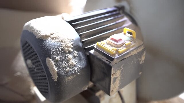 A dusty engine with a worn switch works in a furniture workshop