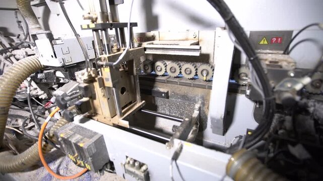 A machine tool is in operation in a factory setting. The area shows sawdust, tools, and parts used for woodworking. Equipment is visible, indicating ongoing production work.