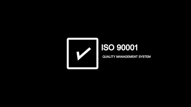 Minimal ISO 9001 Quality Management System certification banner featuring a white checkmark inside a square icon with bold ISO 9001 text on a black background.