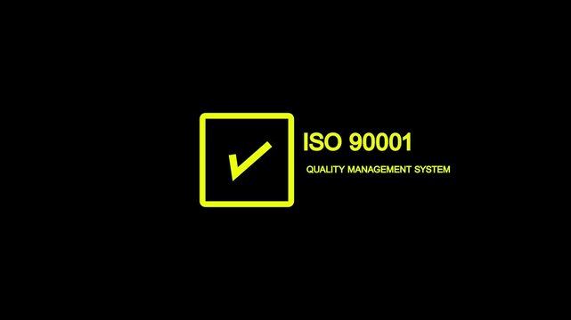Minimal ISO 9001 Quality Management System certification banner featuring a white checkmark inside a square icon with bold ISO 9001 text on a black background.