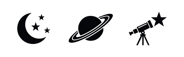Set of minimalist black astronomy icons featuring a crescent moon with stars, a ringed planet, and a telescope. Clean vector design for space themes. © Lili
