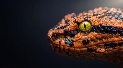 Fototapeta premium A close-up of a vibrant orange and black snake with a yellow eye staring into the distance.