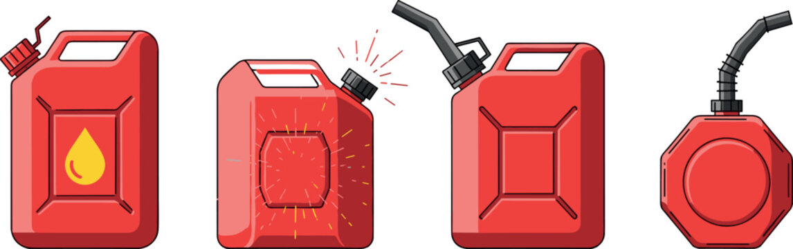 Red fuel jerry cans set with nozzle and hazard symbol isolated on white background, gasoline container vector illustration collection