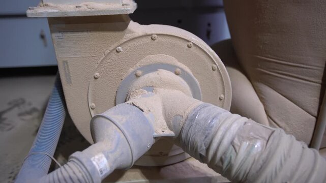 Dust buildup on industrial machinery in a workshop during the day shows the effects of ongoing work and lack of cleaning