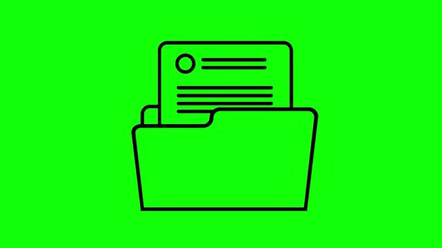 Black outline icon of a file folder with document popping in and out. Document management and office organization concept