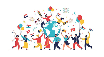 Fototapeta premium Diverse People Celebrate Around Globe with Flags and Fireworks
