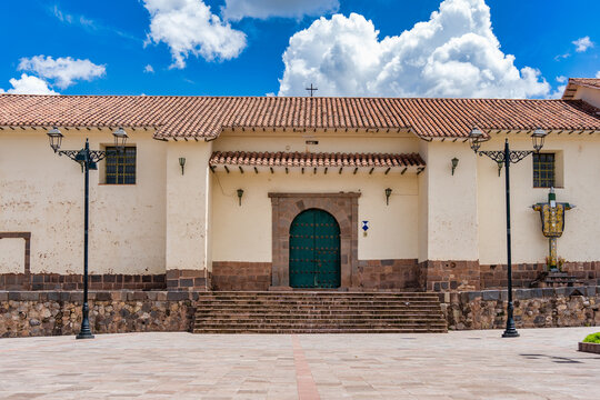 Front view with the facade of Parroquia de Santa Ana "La Abuela" located at Plazoleta de Santa Ana in Cusco, Peru