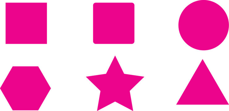 PrinSet of six vibrant fuchsia pink geometric shapes including square, rounded square, circle, hexagon, star, and triangle on transparent background isolated.t