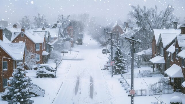 Snow covered suburban neighborhood street during heavy winter snowfall blizzard