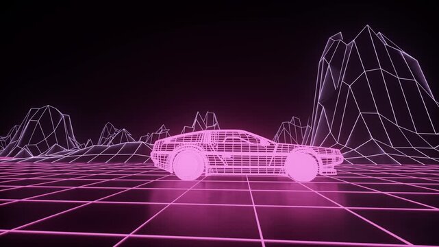 Retro Futuristic Wireframe Sports Car on Neon Grid Landscape at Night