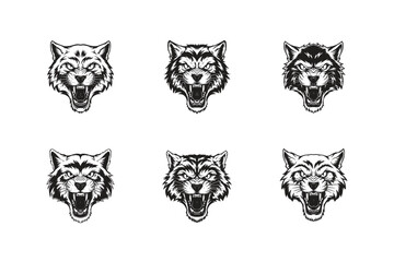 Fototapeta premium Angry Wolf Mascot Head Collection, Fierce Wildcat Tattoo Vector Set for Apparel