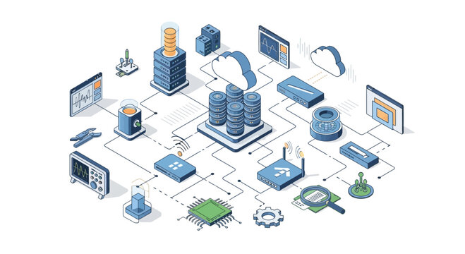 Isometric Network Diagram: Cloud Computing, Data Servers, CPU, and Connectivity Icons