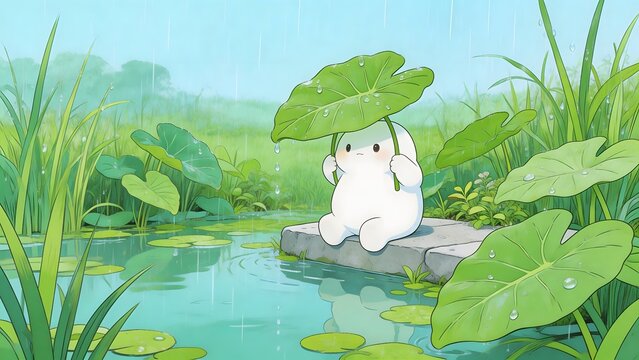 Cute creature with leaf umbrella in rain
