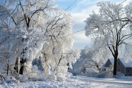 Frozen winter landscape with ice covered trees and rural house