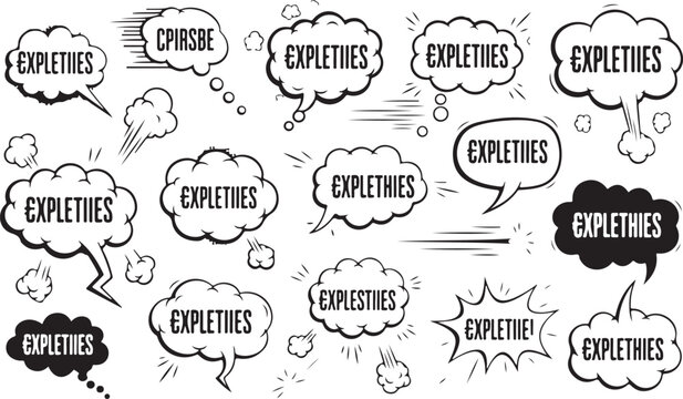 Expletive speech bubbles, comic book expressions, profane chat icons isolated on Transparent Background