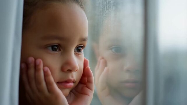Young girl gazing thoughtfully out of a window, reflecting on her emotions and the world outside. A moment of introspection and curiosity