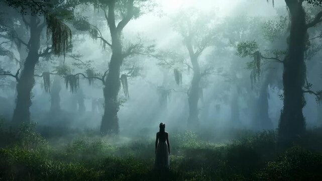 Mysterious figure standing in a foggy forest surrounded by ancient trees. A sense of intrigue and exploration in a mystical environment