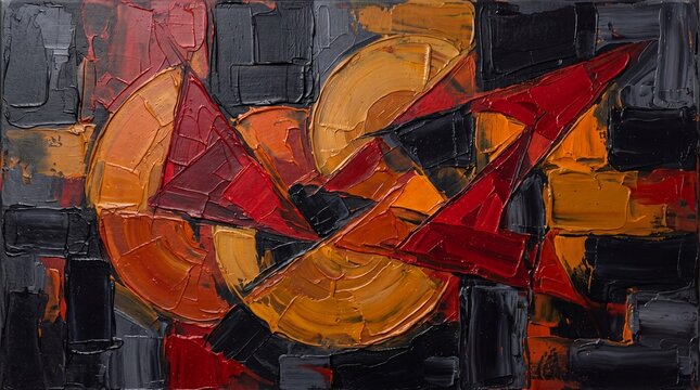 A vibrant abstract painting featuring geometric shapes in shades of red, orange, and black.