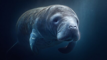 Naklejka premium A majestic manatee swims gracefully underwater, illuminated by ethereal beams of light