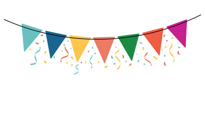 Obraz premium Colorful Party Bunting Flags with Confetti Celebration Banner. Festive Pennant Garland Decoration with Falling Confetti Illustration.
