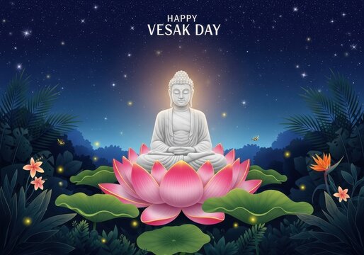 A serene pixel art depiction of buddha sitting on a lotus flower celebrating happy vesak day