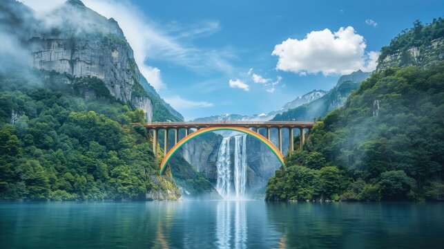 Rainbow bridge spans a beautiful waterfall in a lush valley surrounded by mountains
