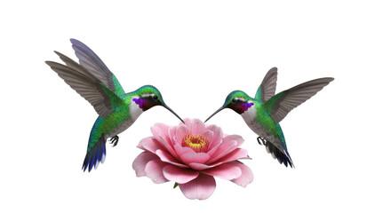 Fototapeta premium Two Hummingbirds Hovering Near Pink Flower