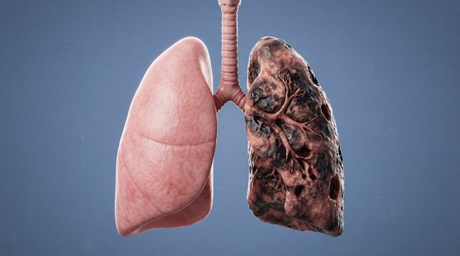 A comparison of a healthy lung and a damaged lung with black spots and scarring