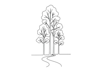 Obraz premium Minimalist one line art drawing of a group of trees with a winding path in a nat