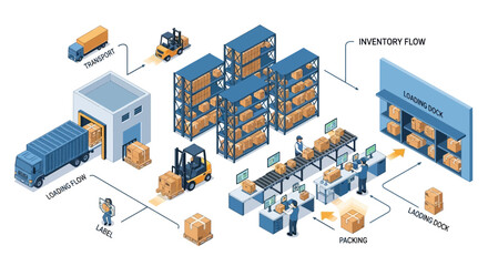 Isometric Warehouse Logistics Diagram: Inventory Flow, Loading, Packing, and Transport © Sarwanto1122