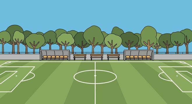 Empty Soccer Field With Benches and Trees - Flat Design Illustration