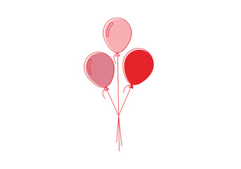 Three colorful balloons in shades of red and pink tied together, line art illust © Vector Line