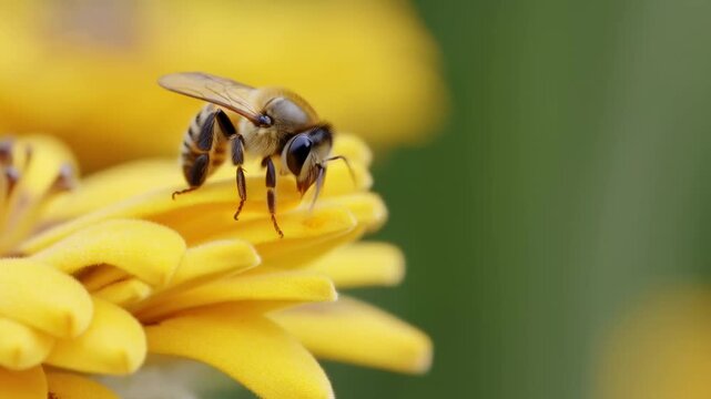 Close-up of a honeybee collecting nectar from vibrant yellow flowers. Essential for pollination and supporting biodiversity in ecosystems