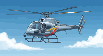 Fototapeta premium Modern Helicopter Flying in Blue Sky with Clouds - Aerial Transport