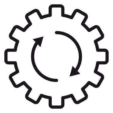 Minimalist black vector icon illustration of a gear with circular arrows inside, representing process automation, system update, synchronization, workflow optimization, and continuous cycle.