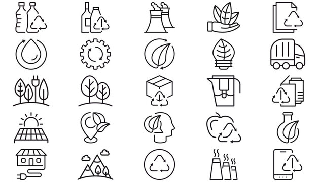 25 Ecology and Sustainability Vector Icon Set Collection, Minimalist Black Line Symbols for Recycling, Green Energy, Waste Management, Nature, Solar Power, Eco-Friendly Technology, and Environment.