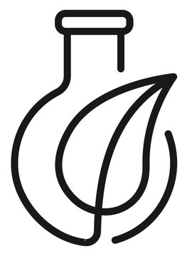 Minimalist black vector icon illustration of a laboratory flask combined with a leaf, representing biotechnology, green chemistry, eco-friendly science, and natural herbal medicine research.